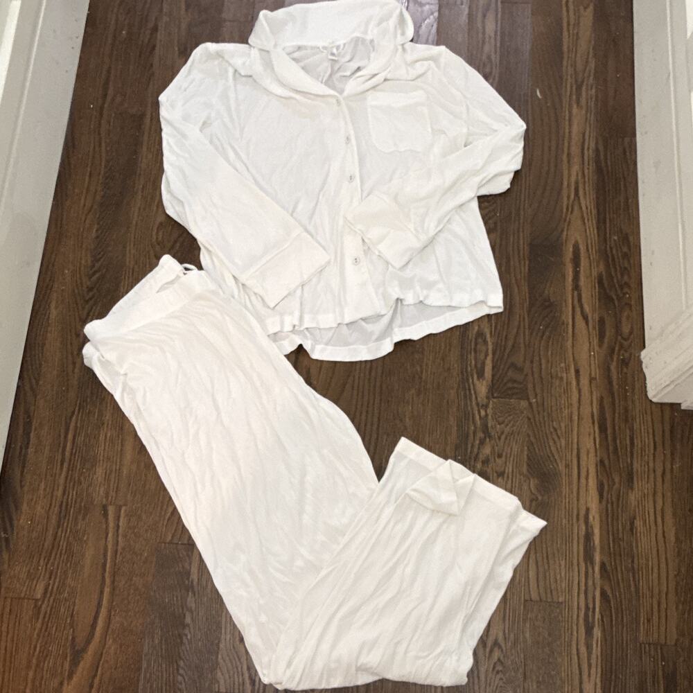 Skims Pink Logo Pointelle Henley Pajama Set Size XL Cream/White Long Sleeve